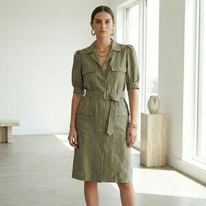Vintage Guy Laroche green linen belted midi shirt dress - size 38 (Medium)